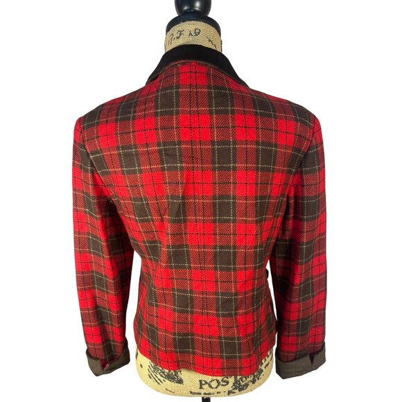 VTG Sz 8P Red & Brown Plaid Wool Blend Blazer Equestrian Academia Classic - Picture 2 of 10